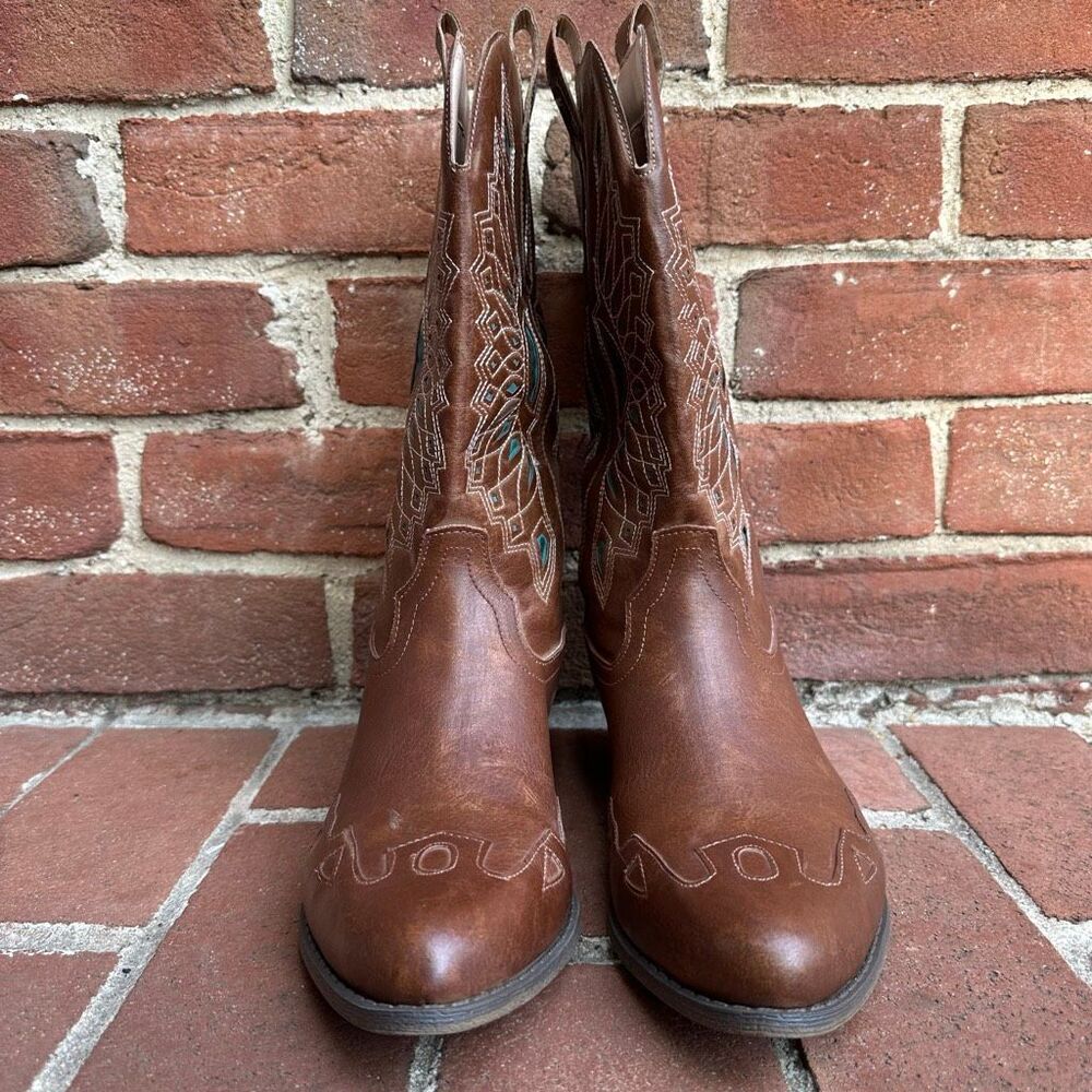 Free People Matisse Willa Western Boots Brown Turquoise Embroidered 7.5 NEW - Picture 6 of 16